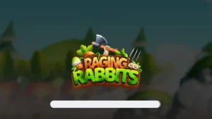 Kelinci kartun dengan perlengkapan militer di latar belakang medan perang slot Raging Rabbits