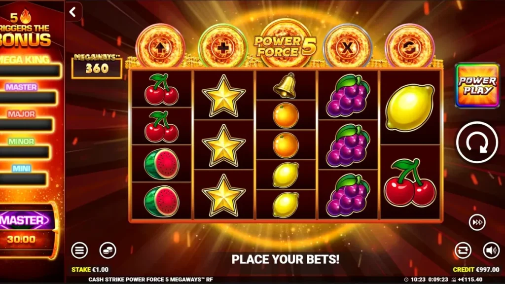 Tampilan layar mesin slot Cash Strike Power Force 5 Megaways dengan simbol buah klasik dan fitur Megaways.