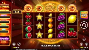 Tampilan layar mesin slot Cash Strike Power Force 5 Megaways dengan simbol buah klasik dan fitur Megaways.