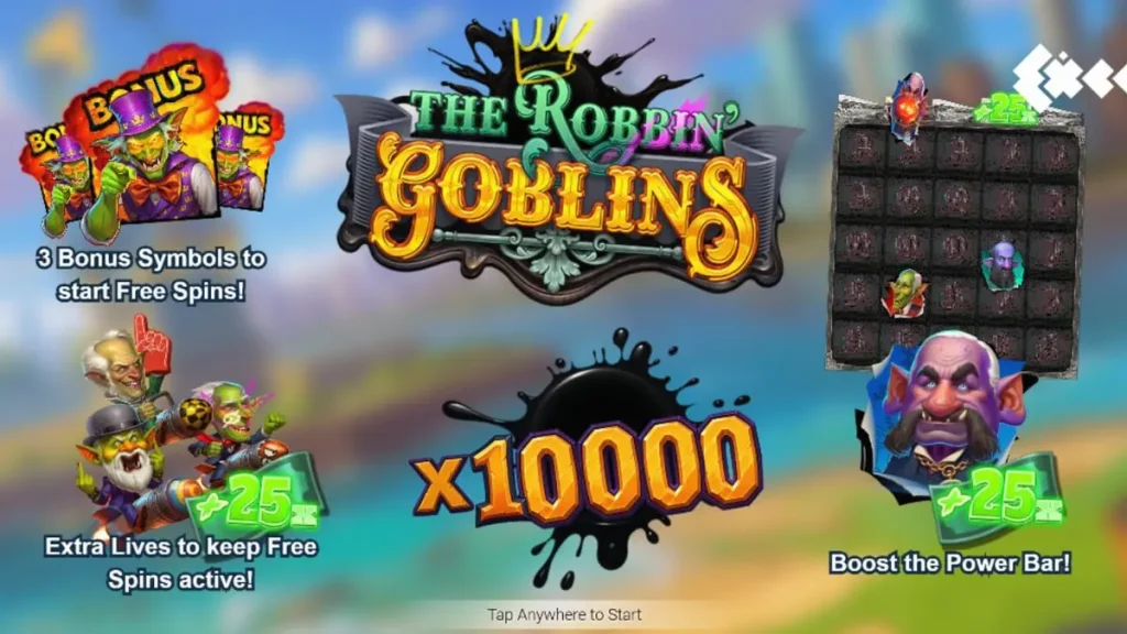 Tampilan visual slot Robbin’ Goblins dengan tema goblin yang sedang mengamuk.