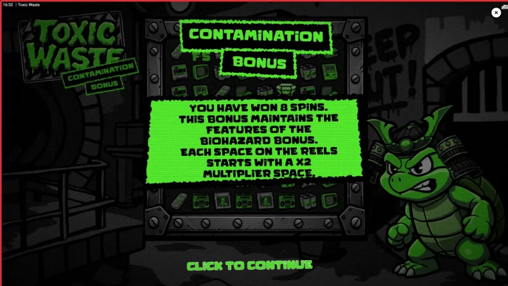 Tampilan visual neon dari slot Toxic Waste dengan elemen laboratorium radioaktif